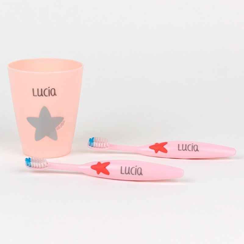 Imagen del ProductoPack 2 Cepillos de Dientes con Vaso Infantil Personalizados Rosa Mi Pipo